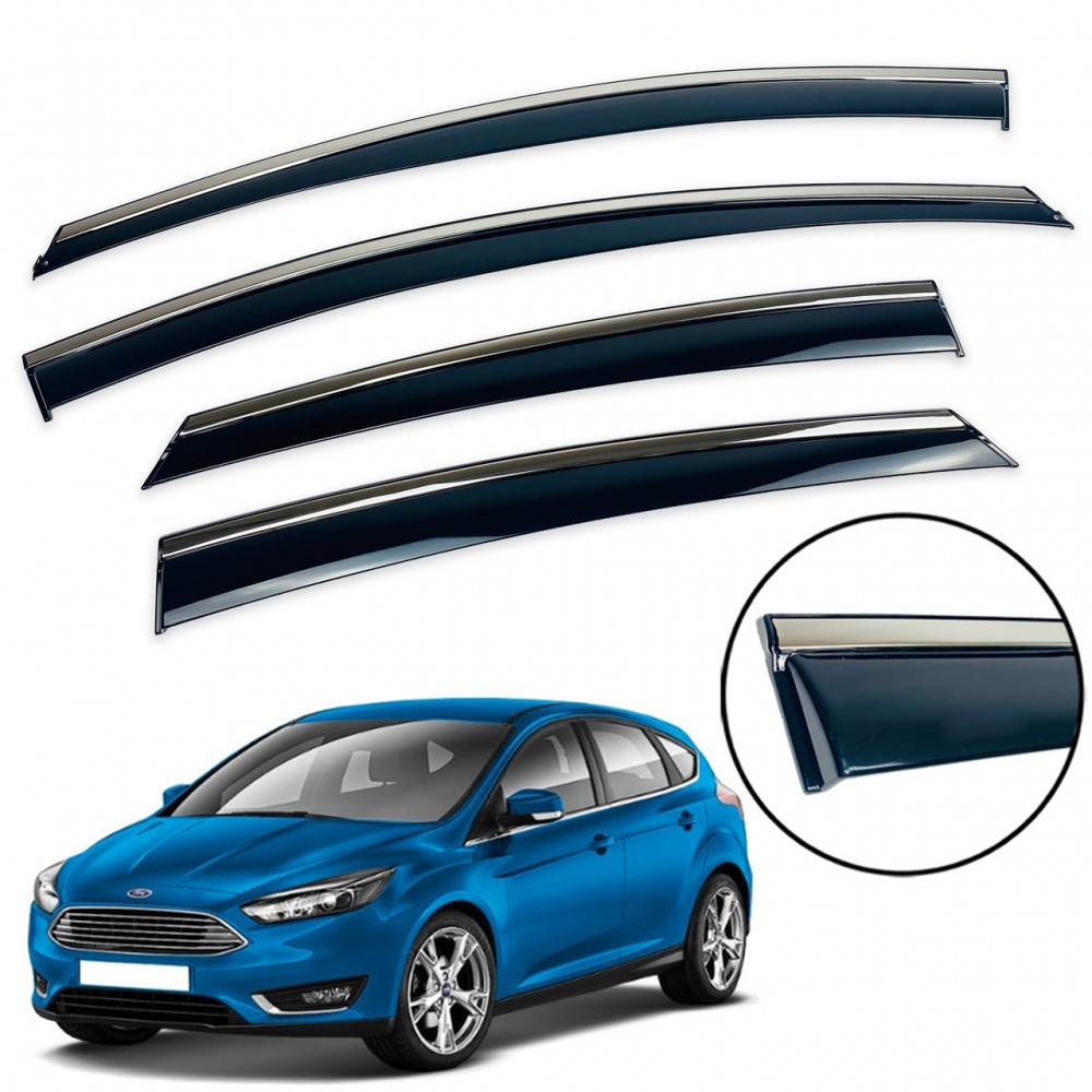 Дефлекторы окон (ветровики) для Ford Focus 2011-2017 III Sedan/HB нерж. с хром полоской (HAWK)