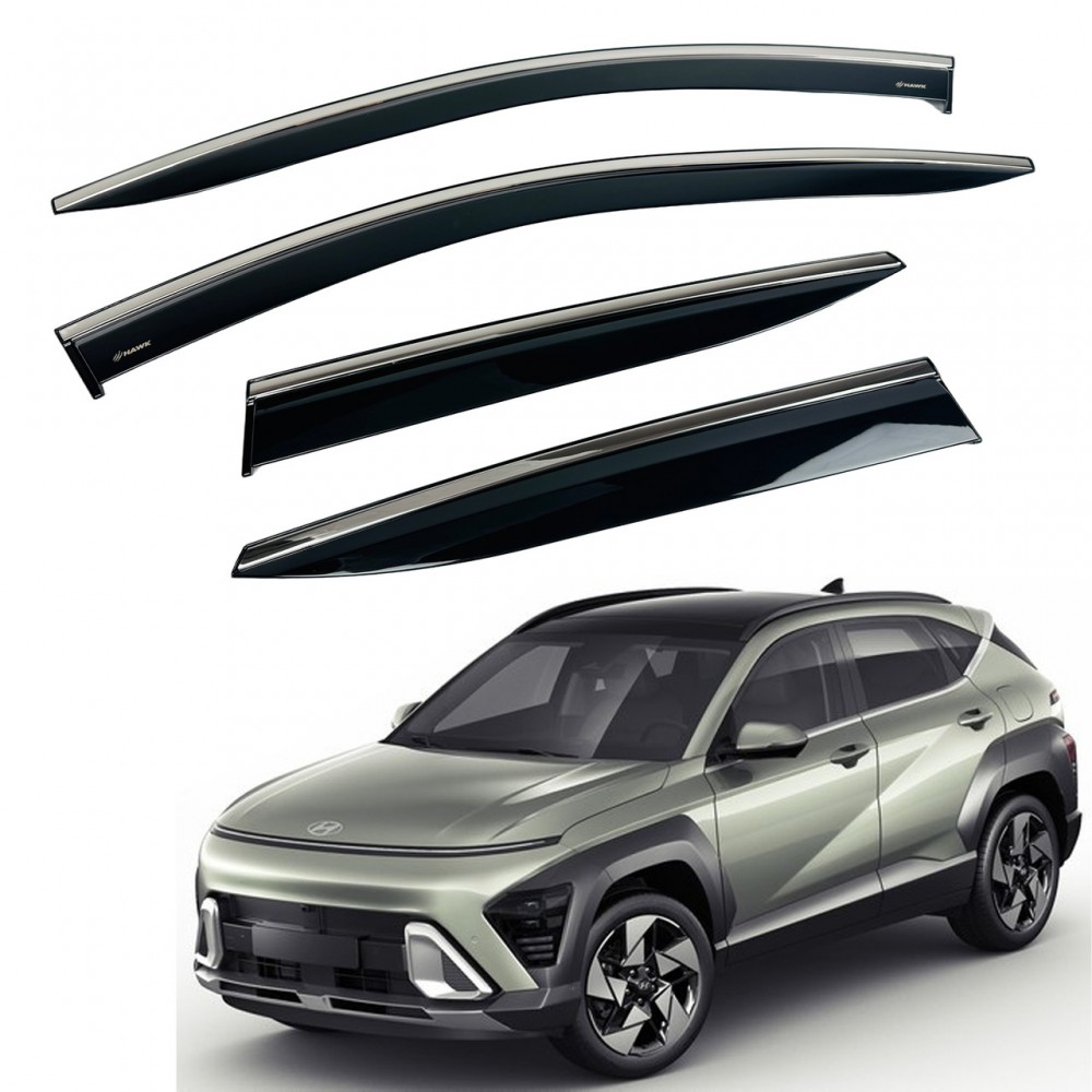 Дефлекторы окон (ветровики) для Hyundai KONA / SX2 / Kauai 2023+ нерж. с хром полоской (HAWK)