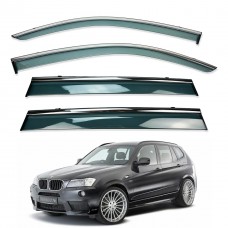 Дефлекторы окон (ветровики) для BMW X3 2011-2017 нерж. с хром полоской (HAWK)