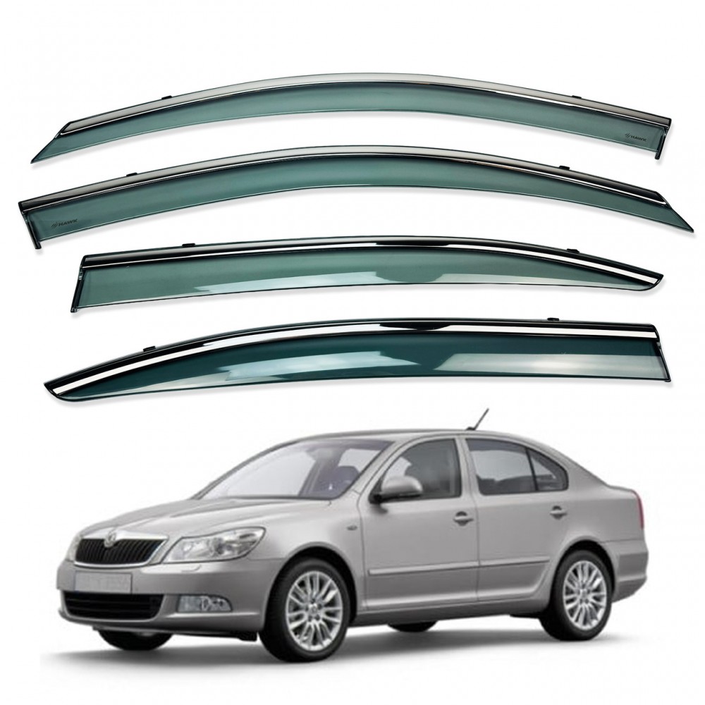 Дефлекторы окон (ветровики) для Skoda Octavia A-5 2004-2013 Sedan/HB c нерж. хром полоской (HAWK)