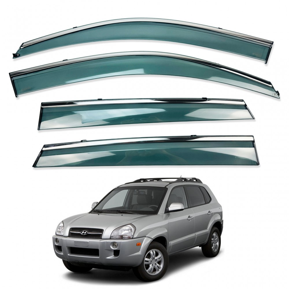 Дефлекторы окон (ветровики) для Hyundai Tucson I 2004-2010 нерж. с хром полоской (HAWK)
