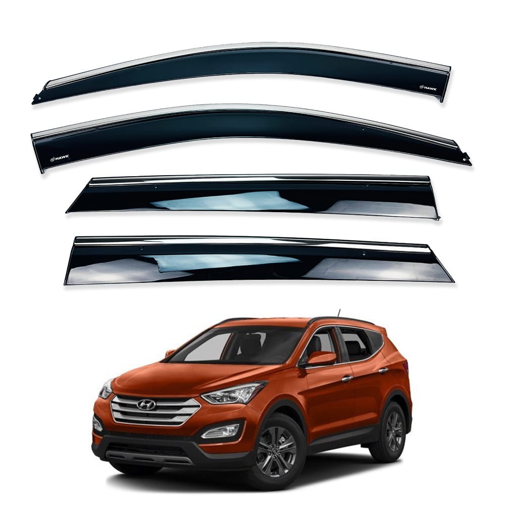 Дефлекторы окон (ветровики) для Hyundai Santa Fe 2012-2018 нерж. с хром полоской (HAWK)