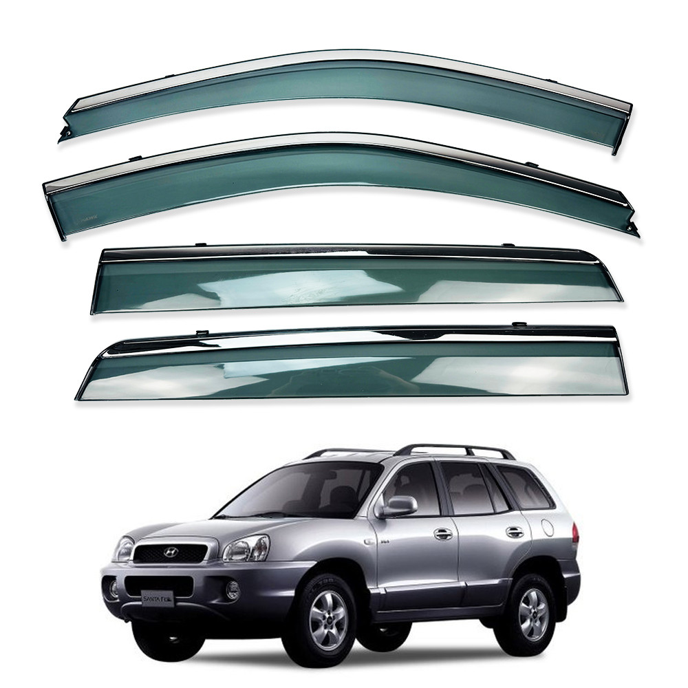 Дефлектори вікон (вітровики) для Hyundai Santa Fe 2006-2012 нерж. з хром полоскою (HAWK)